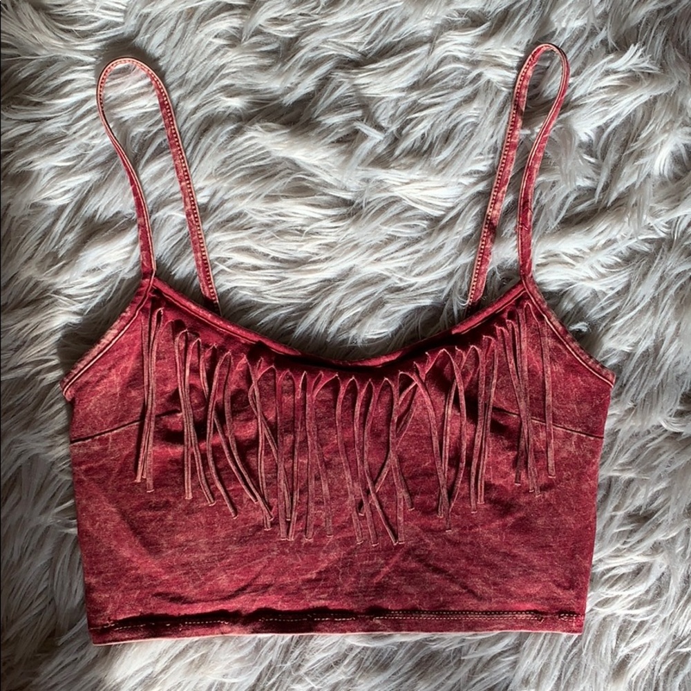 fringe red faded wash crop top